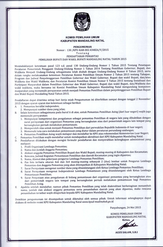 Pengumuman KPU Madina tentang pemantau Pemilukada