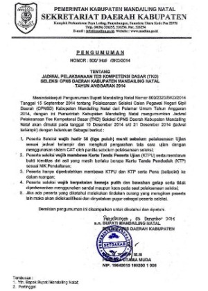 Jadwal Ujian Seleksi TKD Cpns Kab. Mandailing Natal Tahun 2014