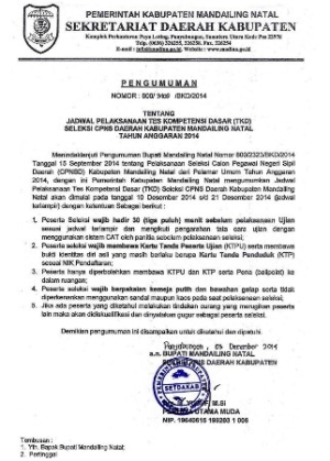 Jadwal Ujian Seleksi TKD Cpns Kab. Mandailing Natal Tahun 2014