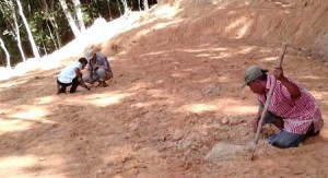 Askolani dan kawan-kawan saat memeriksa bongkahan material situs di hutan Simaninggir