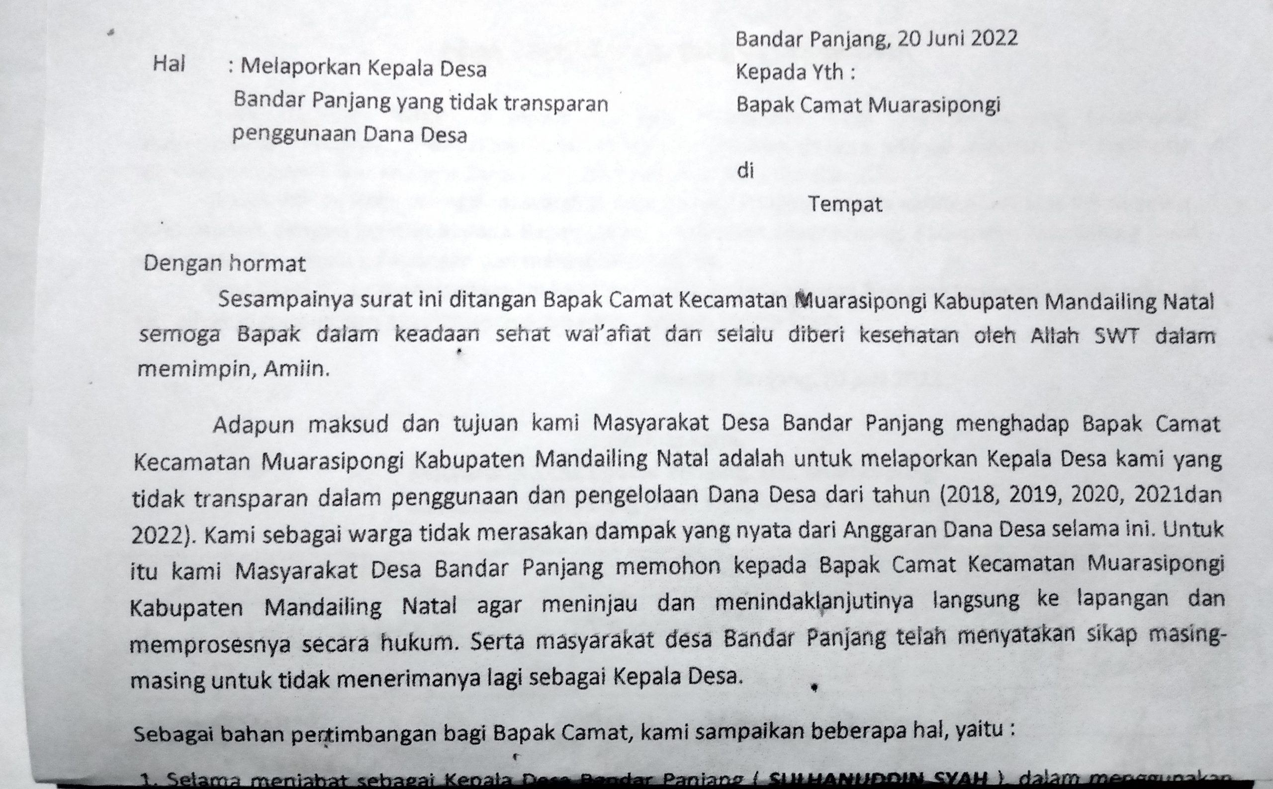 Warga Bandar Panjang Adukan Kepdes