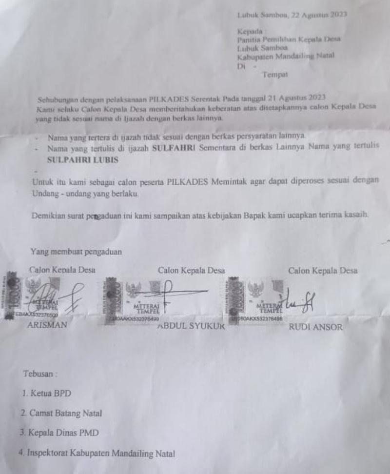 Merasa Dirugikan, Tiga Cakades Lubuk Samboa Akan Laporkan Panitia Pilkades ke Polisi