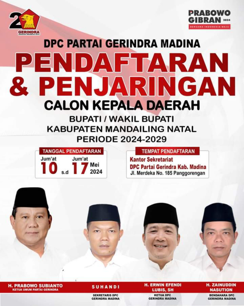 Partai Gerindra Hari ini Buka Penjaringan Cakada Madina. Ivan Iskandar Batubara Pendaftar ke Dua