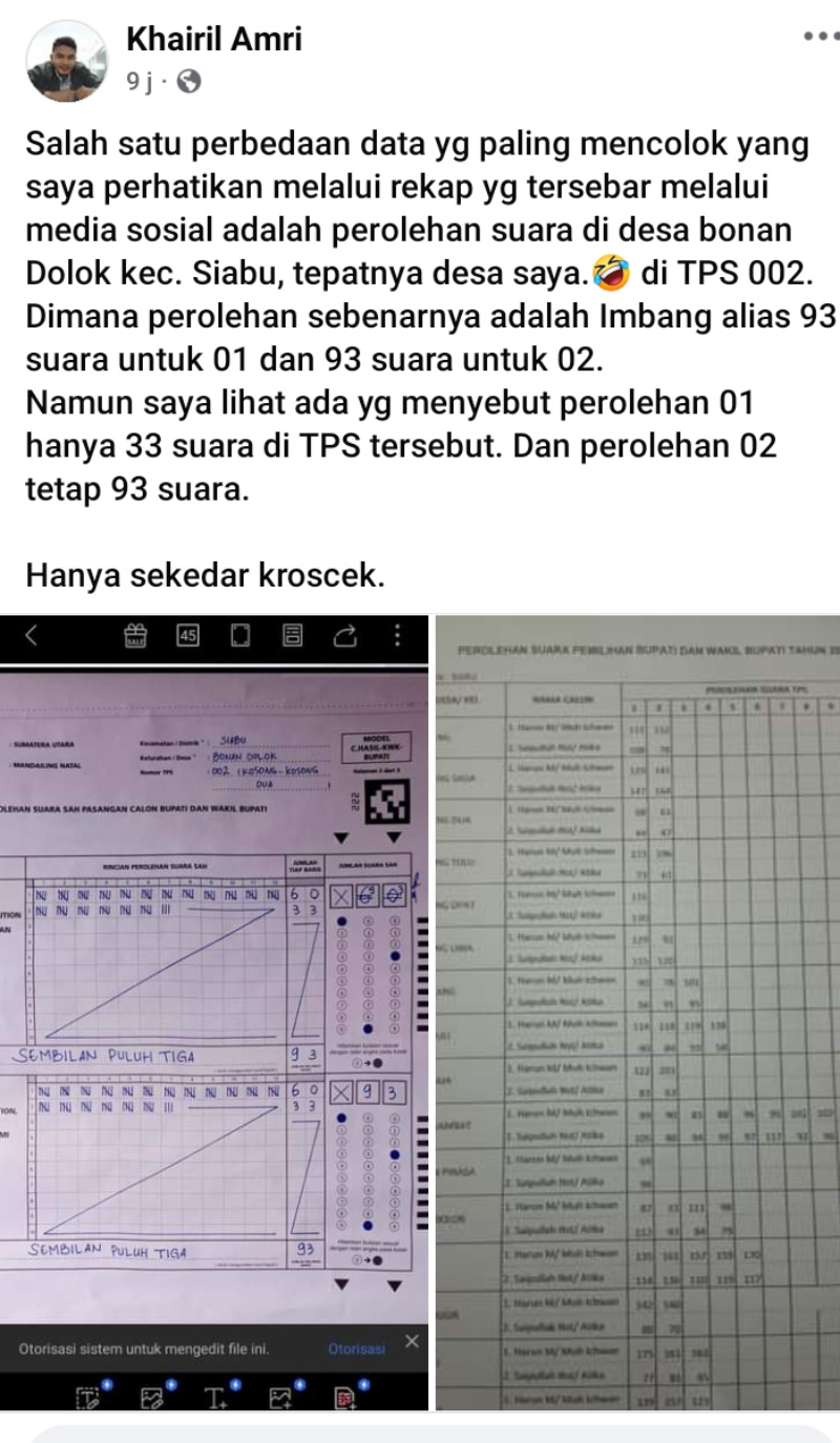 Diposting Dimedsos, Perbedaan Suara C1 Plano Dengan Rekapan Diduga Saksi Di Siabu Jadi Sorotan
