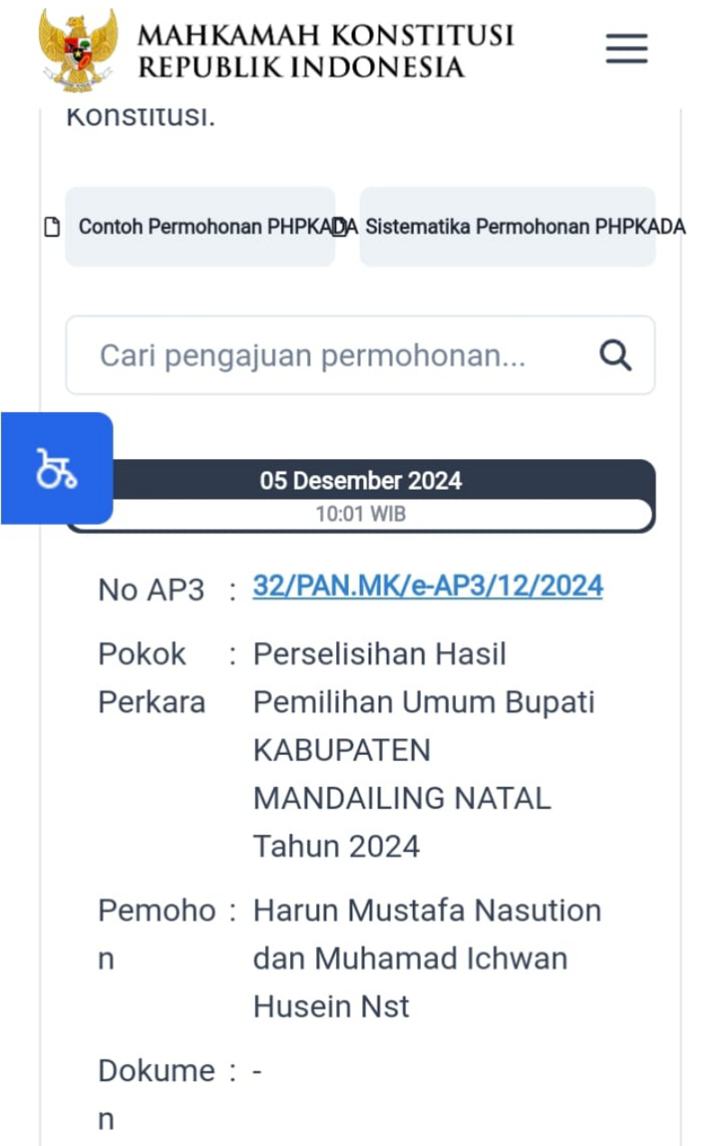 Paslon Harun-Ichwan Resmi Daftarkan Gugatan Perselisihan Pilkada Madina ke MK